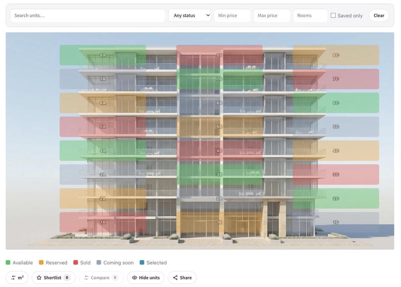 FloorMap interactive unit selector — building elevation with colour-coded availability