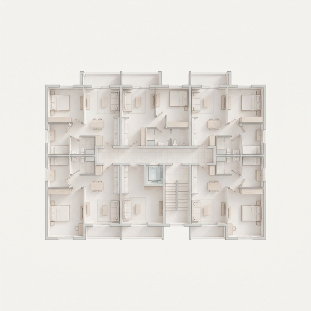 Top-down furnished apartment floor plan with a central corridor and units either side