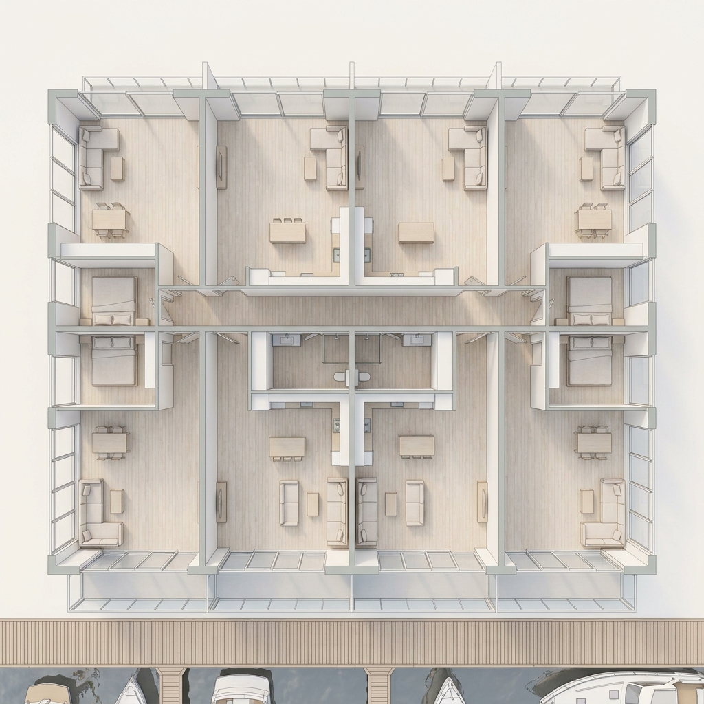 Top-down loft conversion floor plan with single-floor apartment units