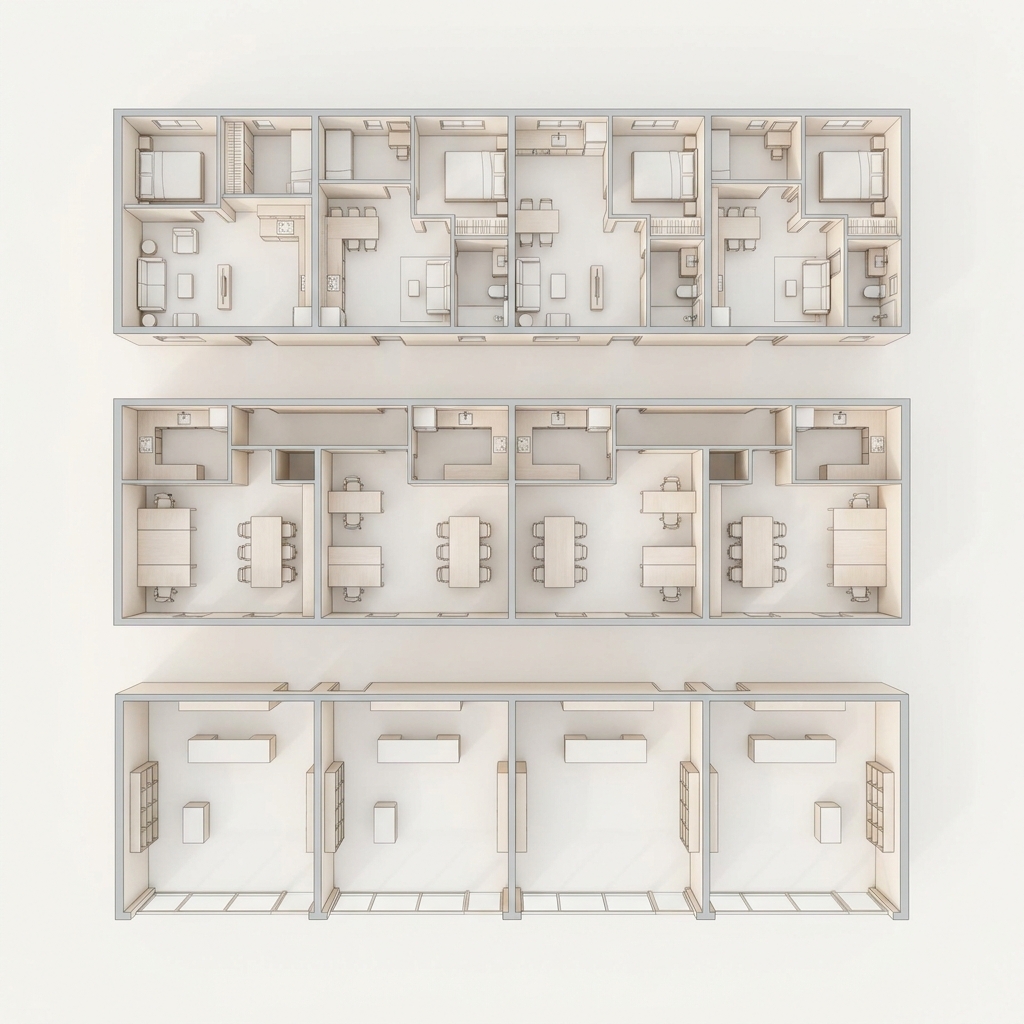 Top-down mixed-use plan with three stacked horizontal bands of retail, residential and office units