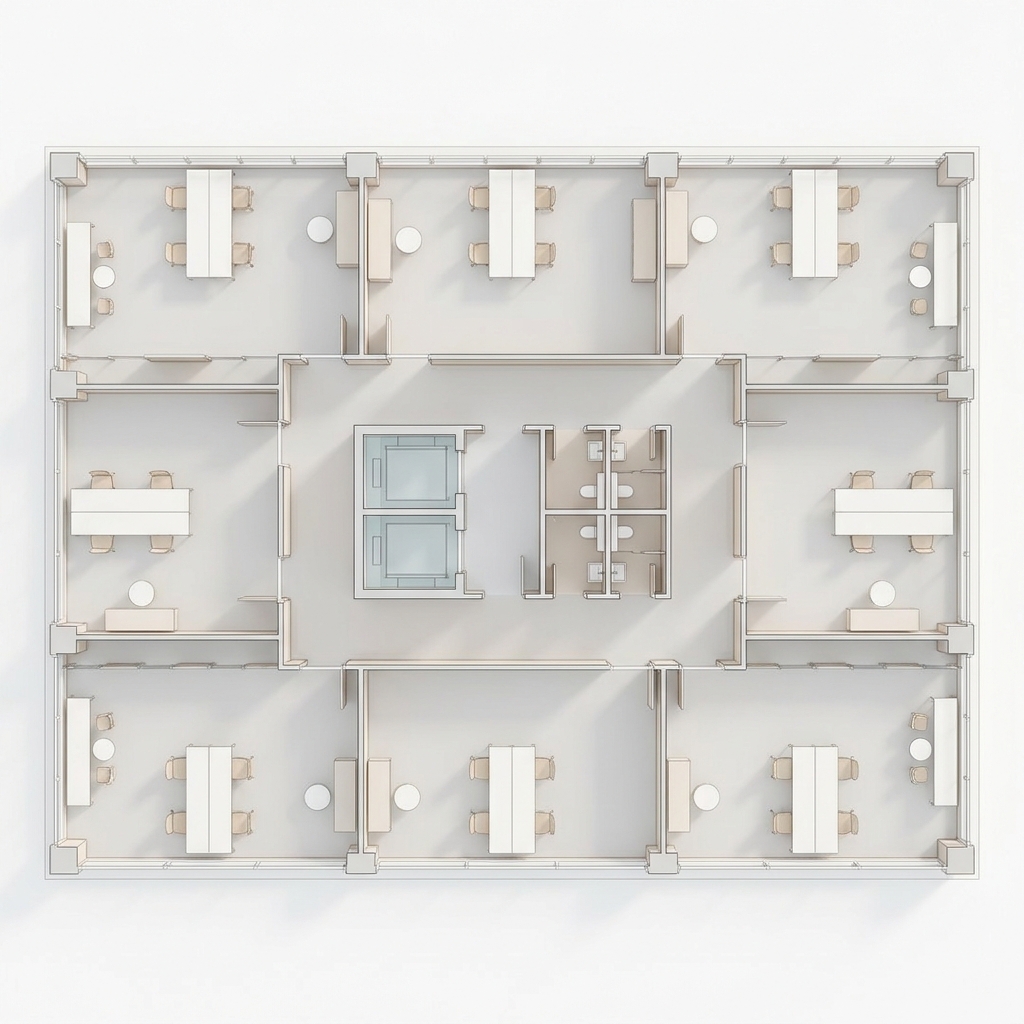 Top-down office floor plan with lease suites arranged around a central service core