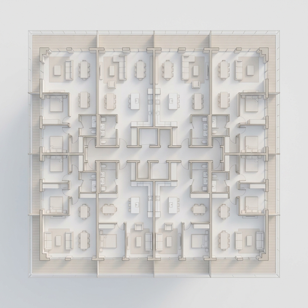 Top-down off-plan residential floor plan divided into four quadrants of units
