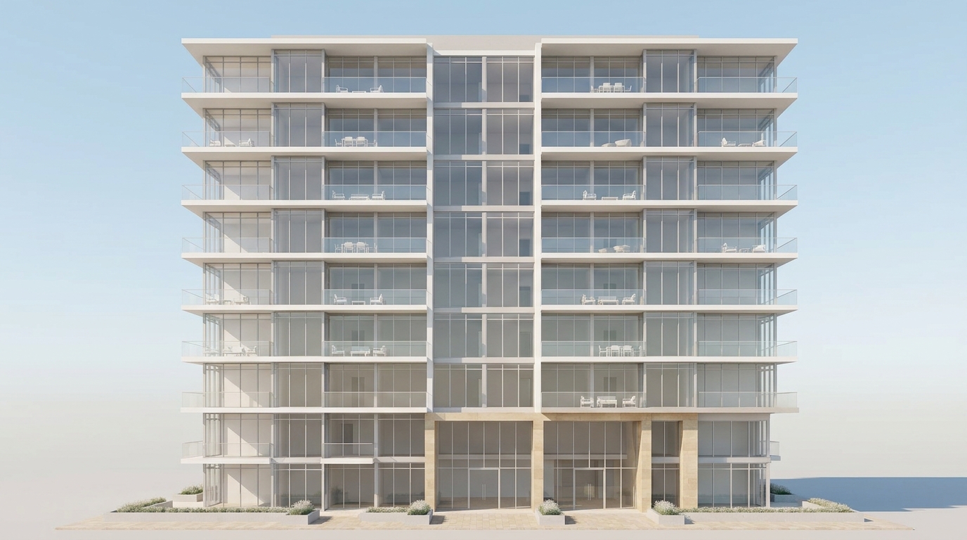 Building elevation render of a residential tower with colour-coded units across eight floors