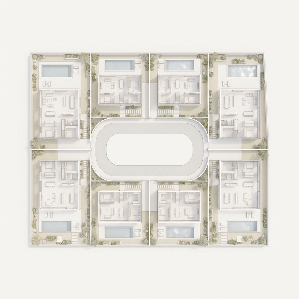 Top-down villa estate site plan with eight plots, private pools and a central oval garden